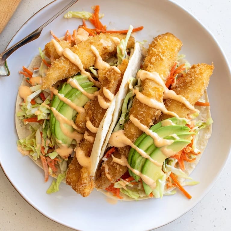 Close-up of fully assembled crispy fish tacos, showing flaky fish, cool slaw, ready to eat.