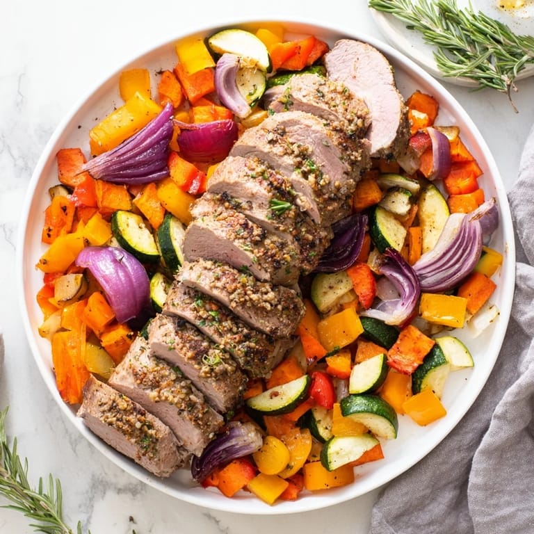 A close-up of a beautifully roasted garlic pork tenderloin with tender, caramelized vegetables.