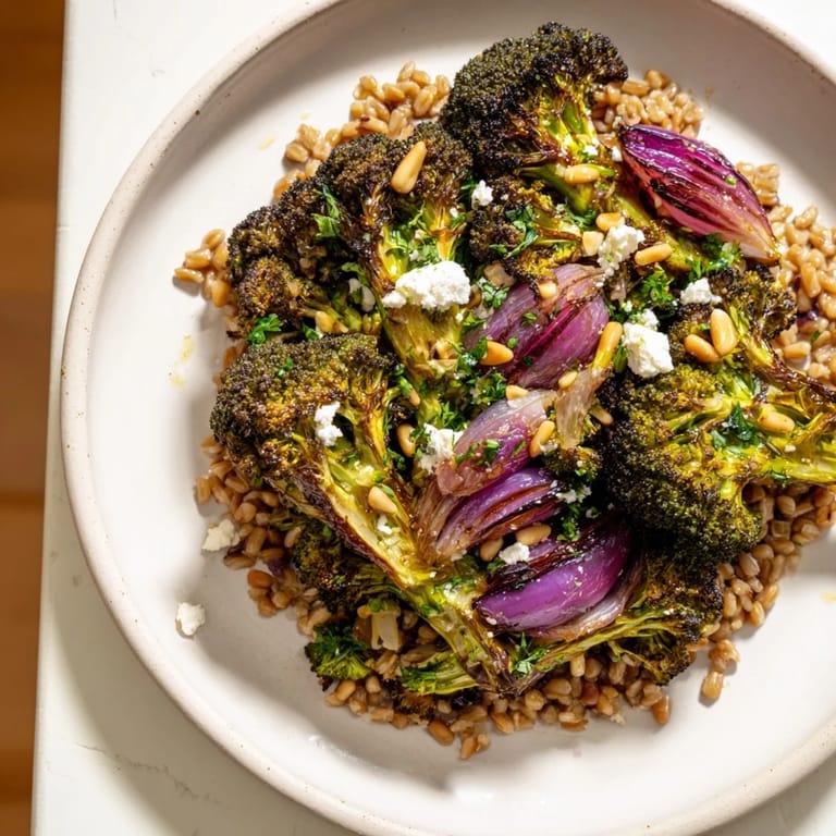 Close-up of the Warm Roasted Broccoli with Garlic-Lemon & Farro base, highlighting the textures and zesty flavors.