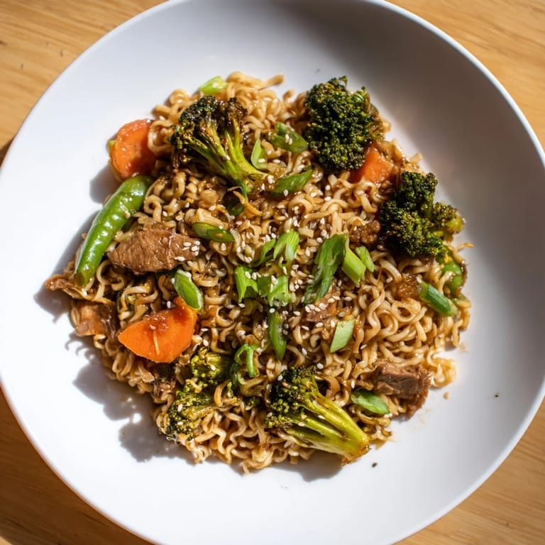 Flavorful Ramen Noodle Stir-Fry Remix, ready in 20 minutes, is garnished with sesame seeds and green onions.