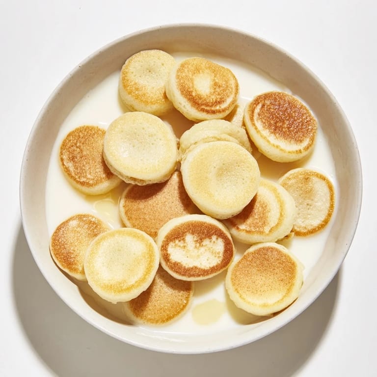 Miniature pancake cereal: Fluffy golden-brown bites with a drizzle of maple syrup, ready to enjoy.