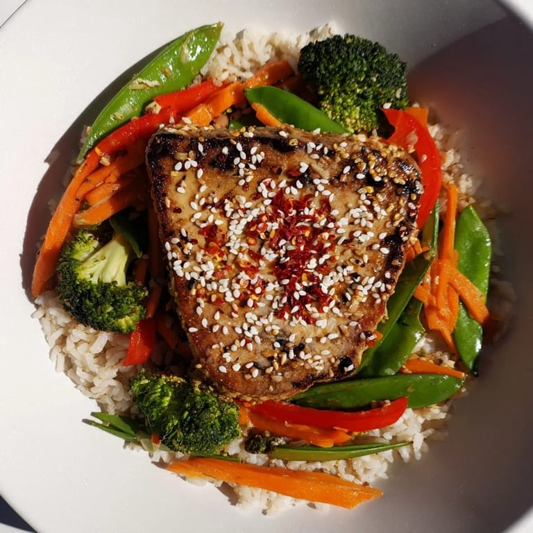 A plate of flavorful Pressed Tofu Steaks with steamed rice, garnished with fresh spring onions and toasted sesame seeds.