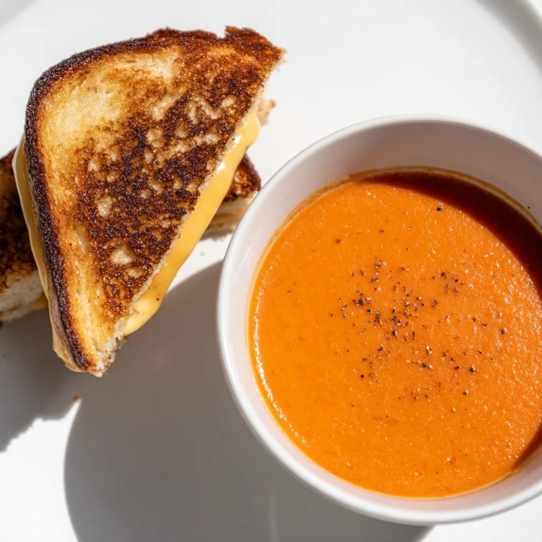 Golden, melted cheese oozes from a crusty grilled cheese ready to dunk into 5-Ingredient Tomato Soup.