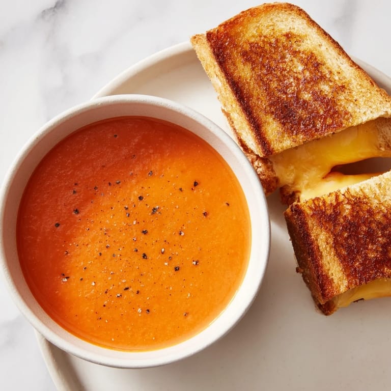 Warm, rich 5-Ingredient Tomato Soup with the aroma of buttered toast, served alongside for dipping.