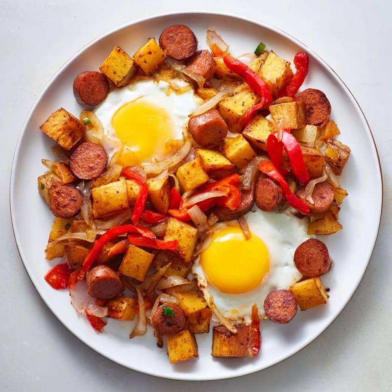 Crispy potatoes and onions mingle in a skillet with hot dogs for a delicious Egg & Potato Hash.