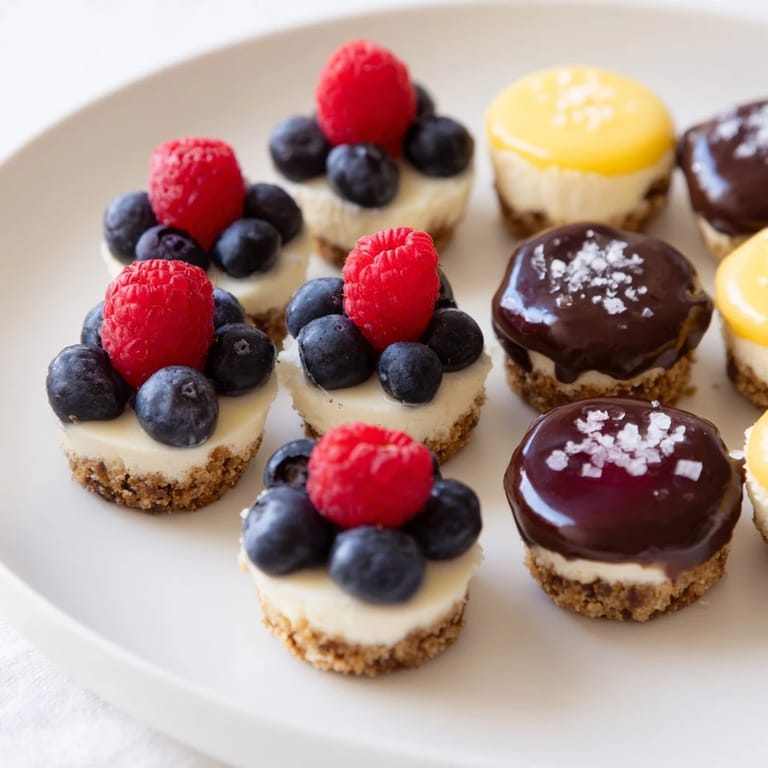 Fresh berries top the creamy mini cheesecake bites, contrasting playfully with the chocolate and lemon.