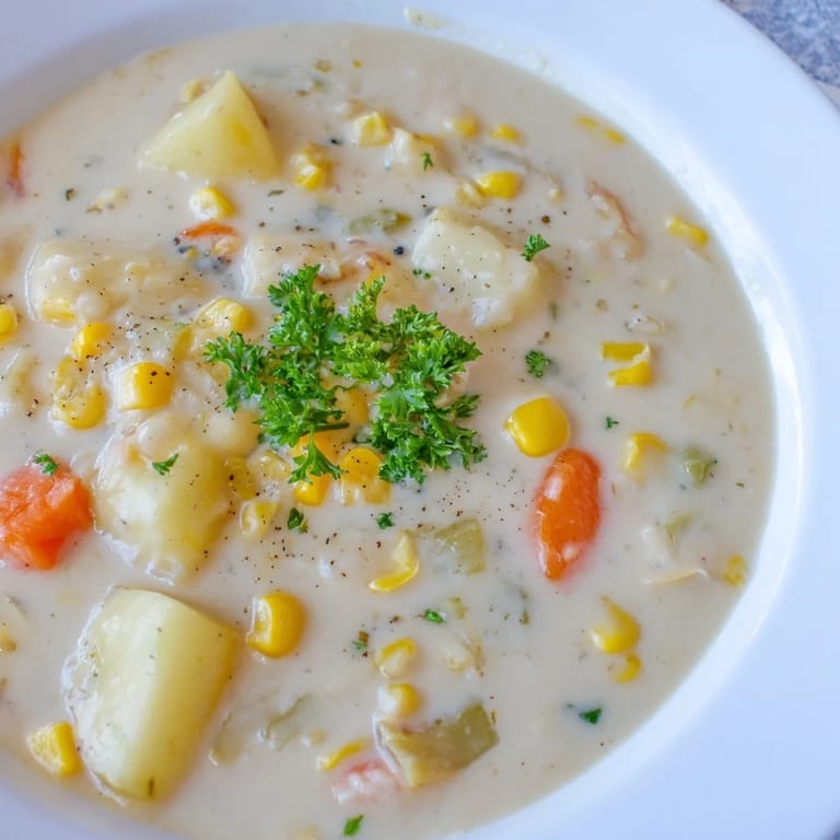 A steaming bowl of comforting Corn & Potato Chowder, perfect for a cozy weeknight meal.