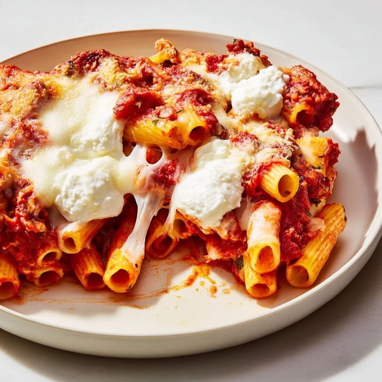 Warm aroma of slow cooker baked ziti with ricotta, a delicious, cheesy pasta creation bubbling in cooker.