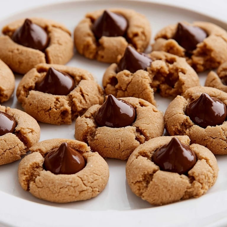 Warm, freshly baked 3-Ingredient Peanut Butter Blossoms, ready to be enjoyed with a glass of milk.