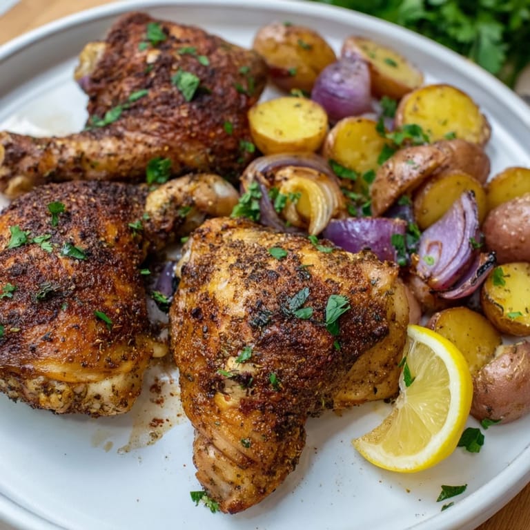 Crispy-skinned Sheet Pan Zaatar Chicken, seasoned to perfection, with tender roasted potatoes and red onions.