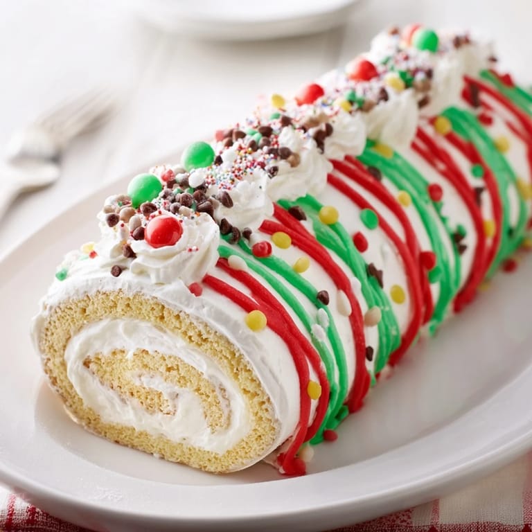 Gourmet Ugly Sweater Cake Roll: a close-up shows cake slices with creamy filling and colorful decorations ready to serve.