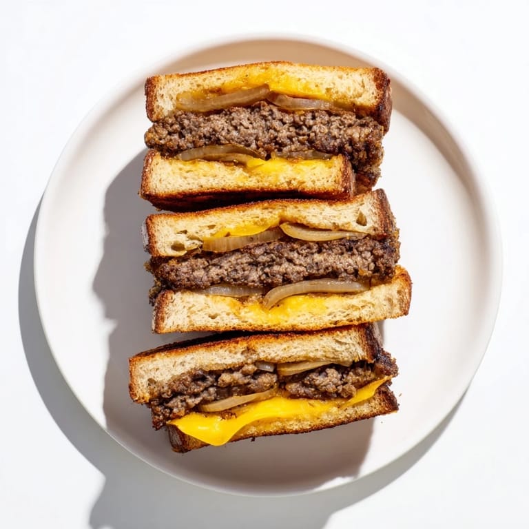 Sliced patty melt on a plate; a juicy and delicious diner classic cooked in a cast iron skillet.