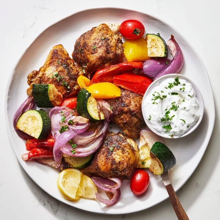 A close-up of sizzling, spiced sheet pan chicken shawarma brimming with colorful roasted vegetables.