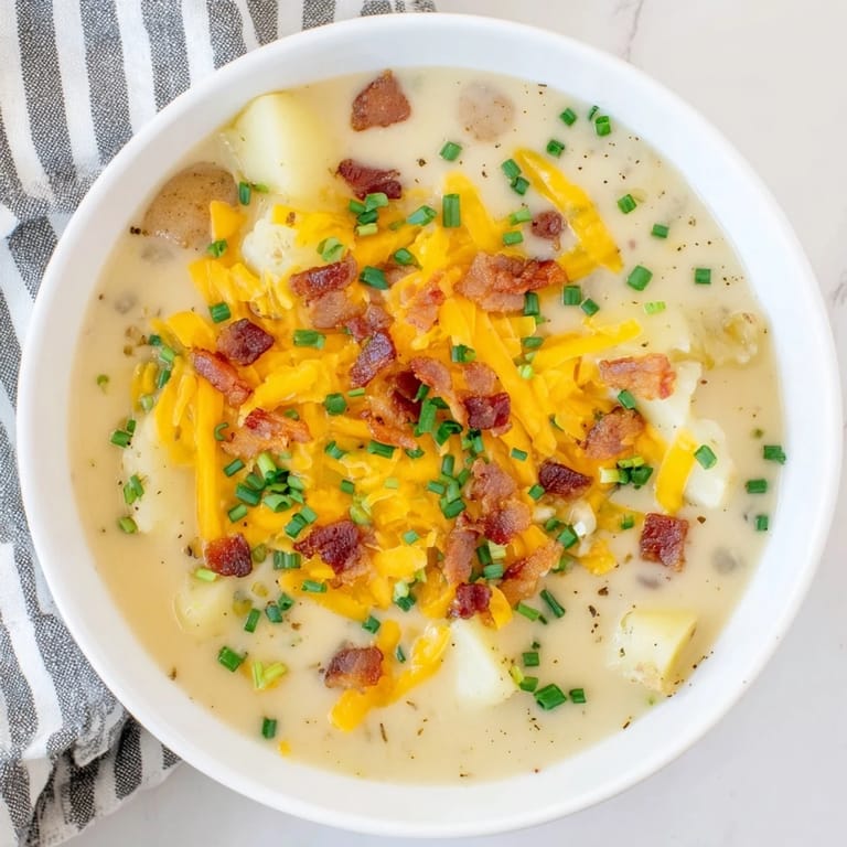 A close-up view of the hearty The Ultimate Baked Potato Soup served with a swirl of sour cream and cheese.