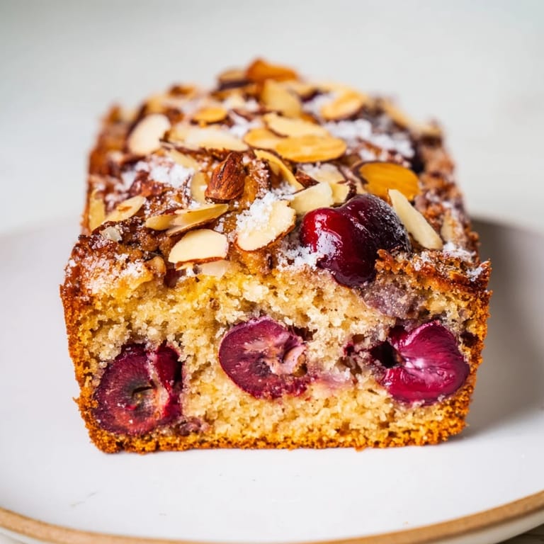 A warm slice of Cherry Almond Loaf Cake, promising a delightful combination of flavors and textures.