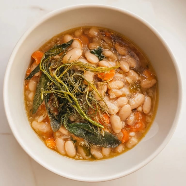 Hearty and flavorful simple white bean and fennel soup served in a bowl, perfect for a cozy dinner.