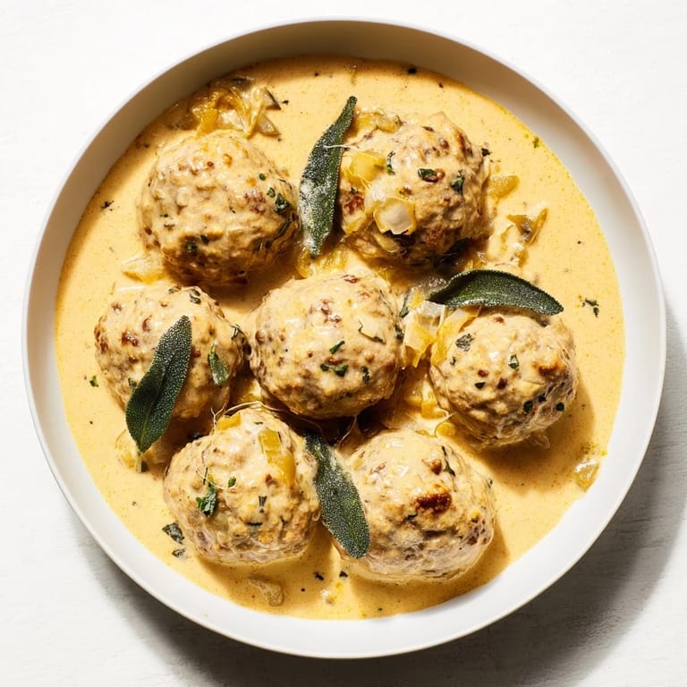 Close-up of succulent turkey meatballs swimming in creamy pumpkin sage sauce, ready to be served.
