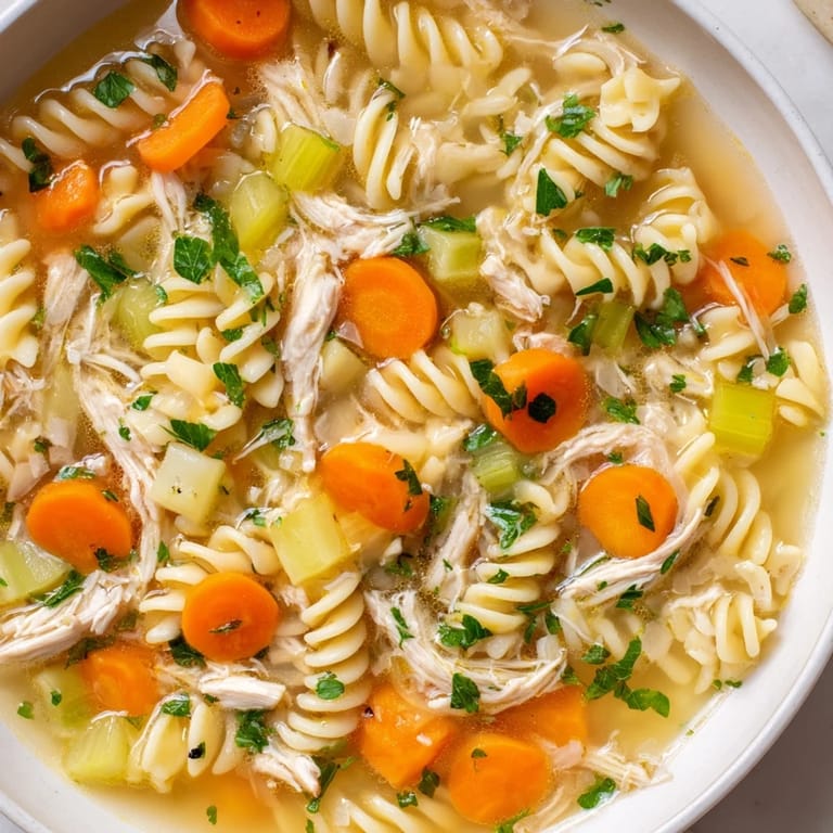 A close-up view of creamy Crockpot Chicken Noodle Soup, showcasing the fresh vegetables and broth.