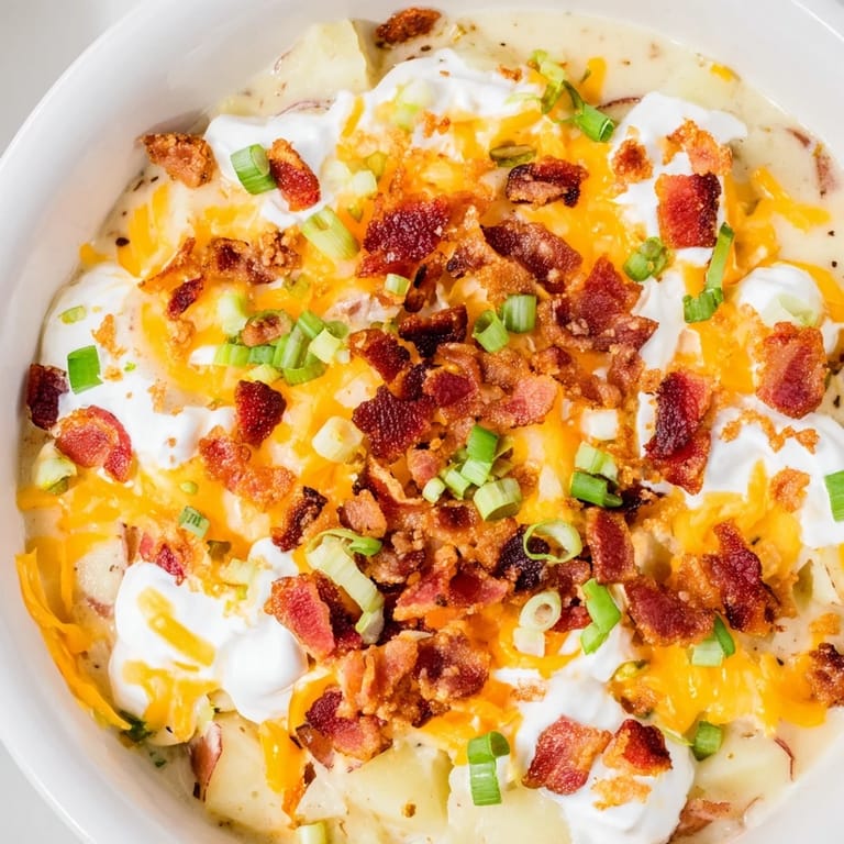A rich bowl of Crockpot Loaded Baked Potato Soup, ready to serve, with fresh green onion garnish.