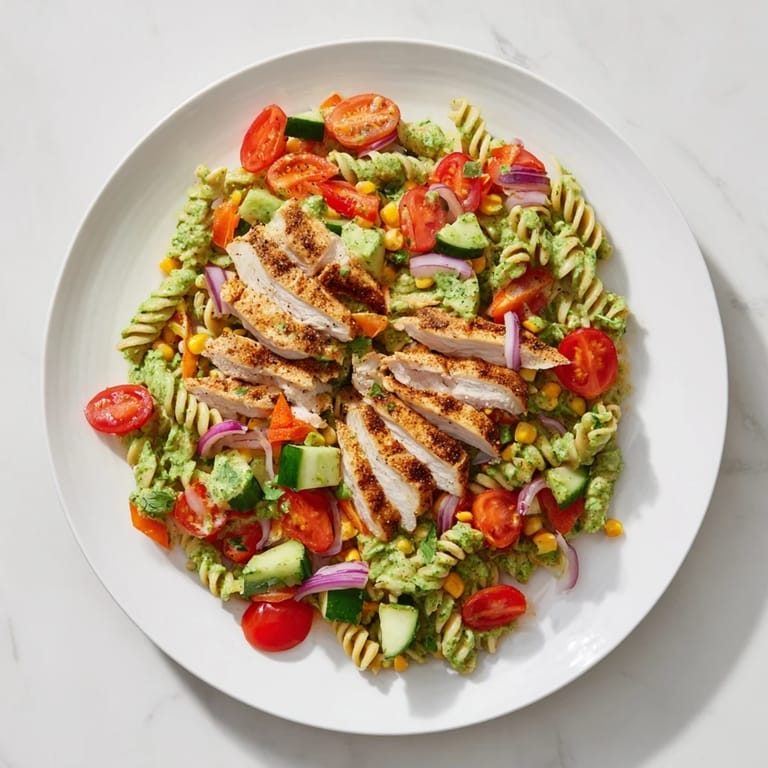 Delicious Peruvian Aji Verde Chicken Pasta Salad: Imagine a bowl brimming with colorful ingredients and zesty sauce.