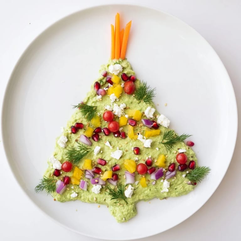 Freshly made whipped avocado Christmas tree dip, a vibrant appetizer topped with cherry tomatoes and herbs.