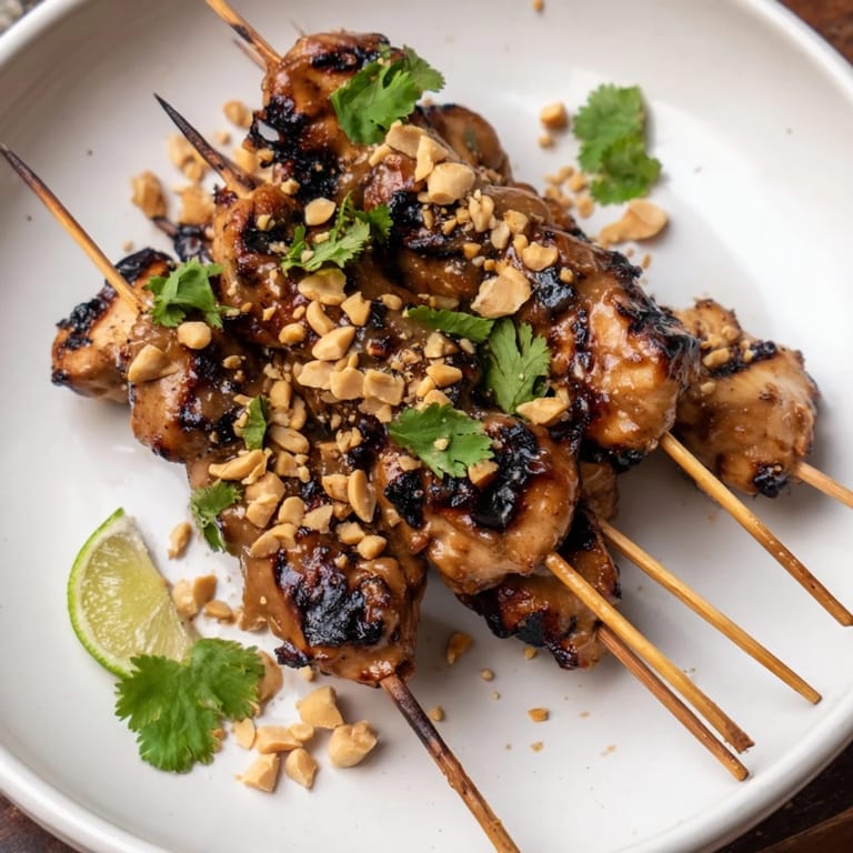 Juicy Spicy Peanut Satay Chicken Skewers ready to eat, with bright lime wedges on the side.