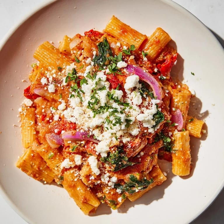 A close-up of savory Mediterranean baked garlic & herb pasta with melted cheese and fresh herbs.