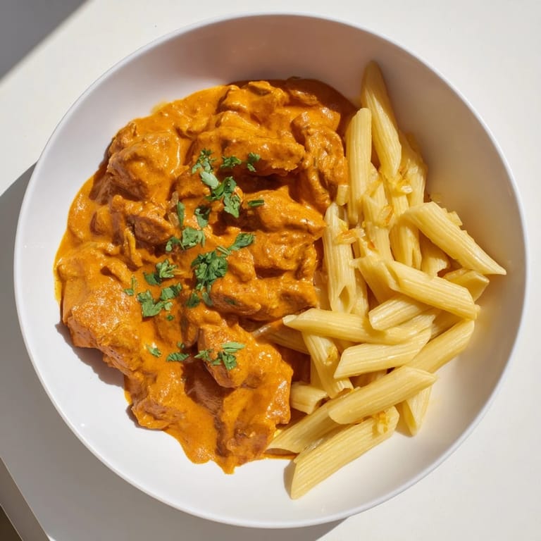 A close-up of delicious Creamy Chicken Tikka Masala pasta with a rich, flavorful tomato-cream sauce.