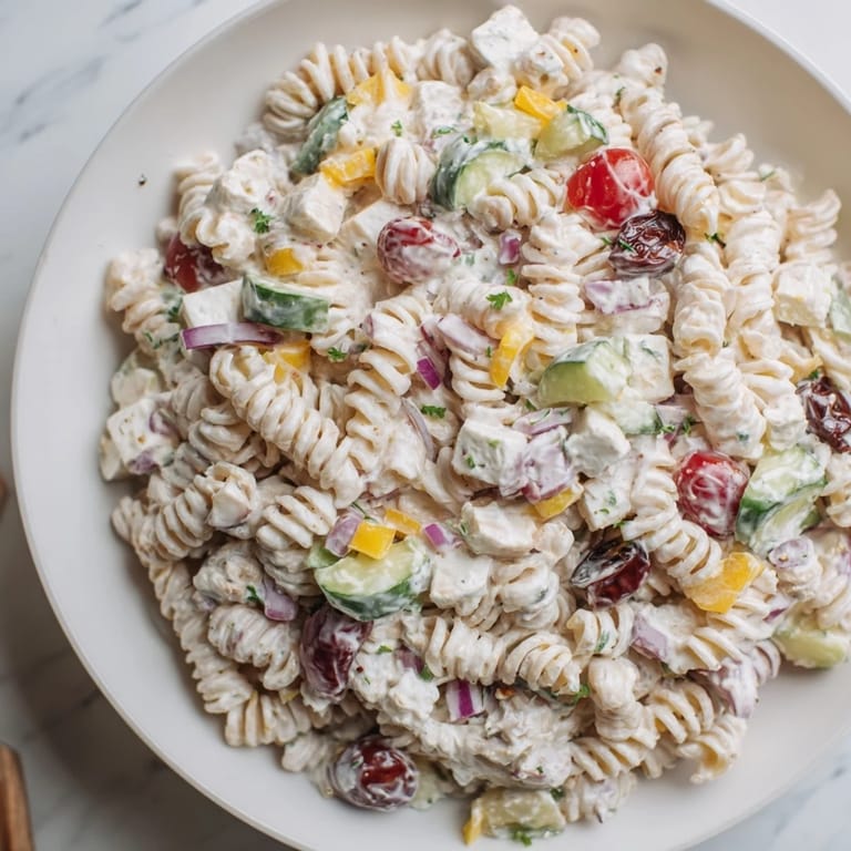 A bowl of delicious Greek Yogurt Million Dollar Christmas Pasta Salad ready to serve for a holiday meal.