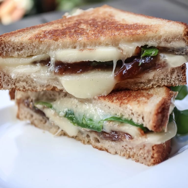 A close-up of a Fig, Brie & Arugula Grilled Cheese showing gooey Brie and sweet fig jam.