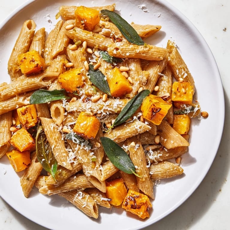 This appealing photo showcases the creamy sauce of butternut squash and sage brown butter pasta.