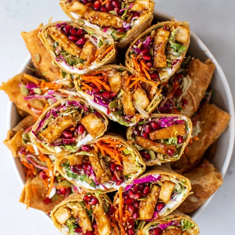 Enjoy a satisfying bite of this delicious sweet chili tofu crunch wrap, ideal for a festive gathering.