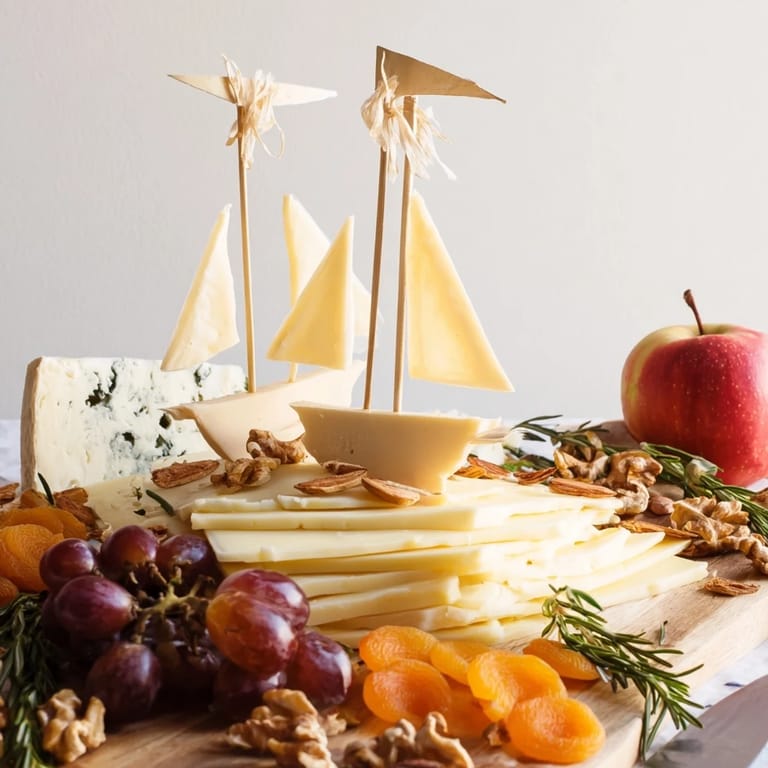 Elegant sailboat cheese platter, a beautiful appetizer with vibrant cheeses, grapes, and nuts.
