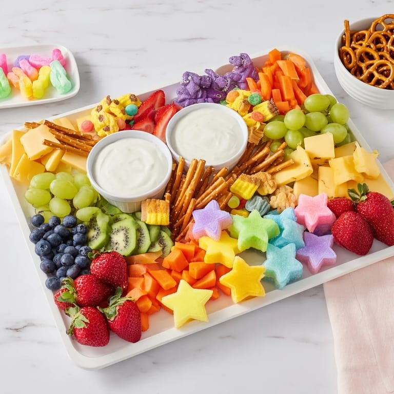 Delectable Unicorn Party Platter with cheese cubes, pretzel sticks and sweet candies for a festive occasion.