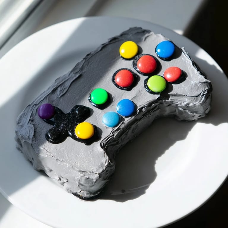 Close-up of a decorated Pixel Perfect Video Game Controller Board dessert; delicious for a gaming party.