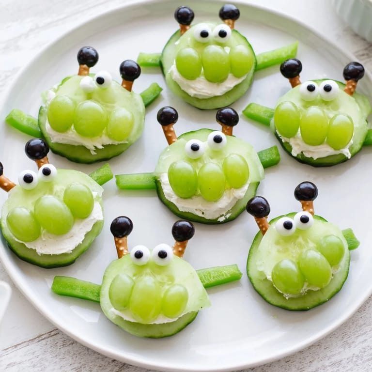 Adorable Little Green Men Alien Snack Attack: fun, healthy snacks with green grapes and pretzel antennae.