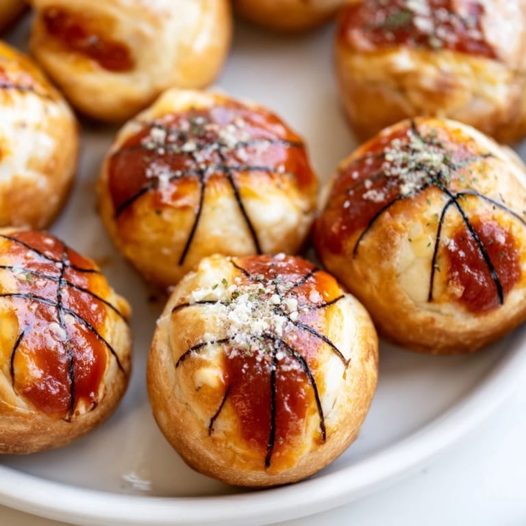 Bite-sized, cheesy Slam Dunk Basketball Pizza Bites, perfect for game day snacking with melted cheese.