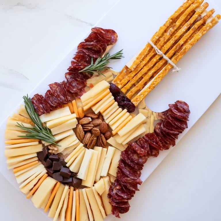 Delicious and colorful Rock Star Guitar Platter loaded with cheese, cured meats, and fresh goodies.