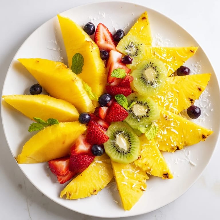 This colorful Tropical Pineapple Sun Fruit Platter bursts with fresh kiwi, mango, and sweet pineapple pieces.