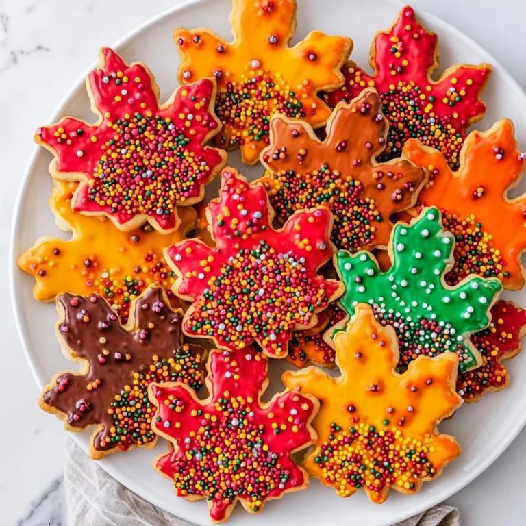 Vibrant Maple Leaf Cookie decorating kit, featuring colorful icing and autumn-themed sprinkles, ready to be enjoyed.
