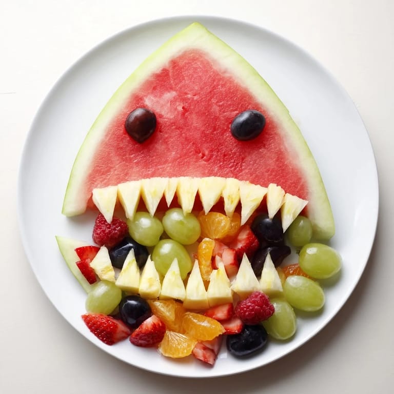 Brightly colored fruit spills from a carved watermelon shark, creating a fun Watermelon Shark Bite Board display.