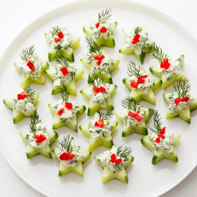 Festive cucumber and dill Christmas Stars glistening, creamy cheese piped on each star's surface.
