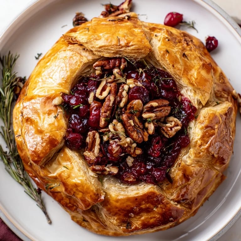 Warm, melty Brie en Croûte Pine Tree, a holiday appetizer with flaky pastry and delicious filling.