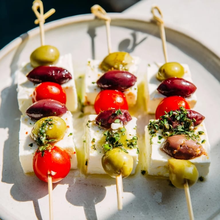 Vibrant photo shows the easy-to-make Holiday Cheers Olive and Feta Skewers, a delicious vegetarian appetizer idea.