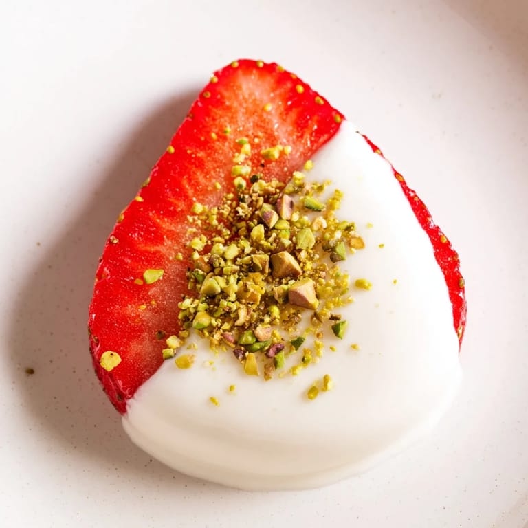 Fresh strawberry half-circles dipped in sweet yogurt, garnished with nuts, ready for a delightful dessert.