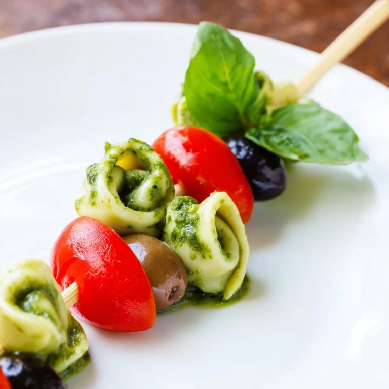 Savory Appetizer Skewers; featuring cooked tortellini, pesto, tomatoes, and olives perfect for your next gathering.