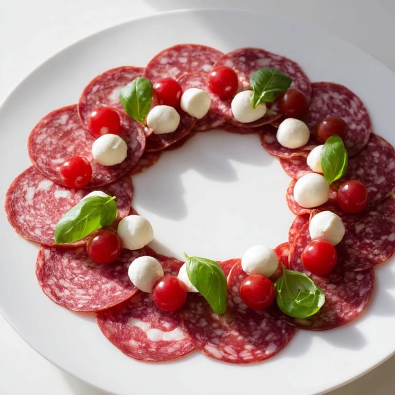 Perfect party-ready folded salami wreath, glistening with optional garnishes, ready to be served with crackers.