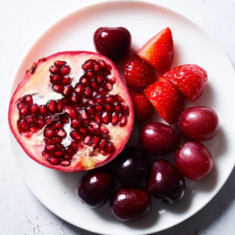 A stunning Pomegranate Pivot fruit platter; imagine luscious red berries surrounding a halved pomegranate centerpiece.
