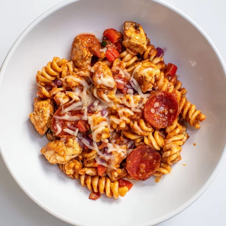 Golden, cheesy One-Pan Pizza Pasta with rotini pasta and tender chicken visible.