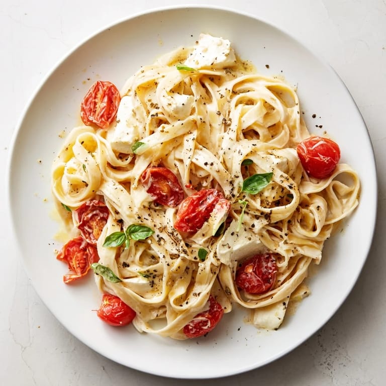 Silky fettuccine coated in a warm Baked Brie Pasta Sauce, garnished with fresh basil.
